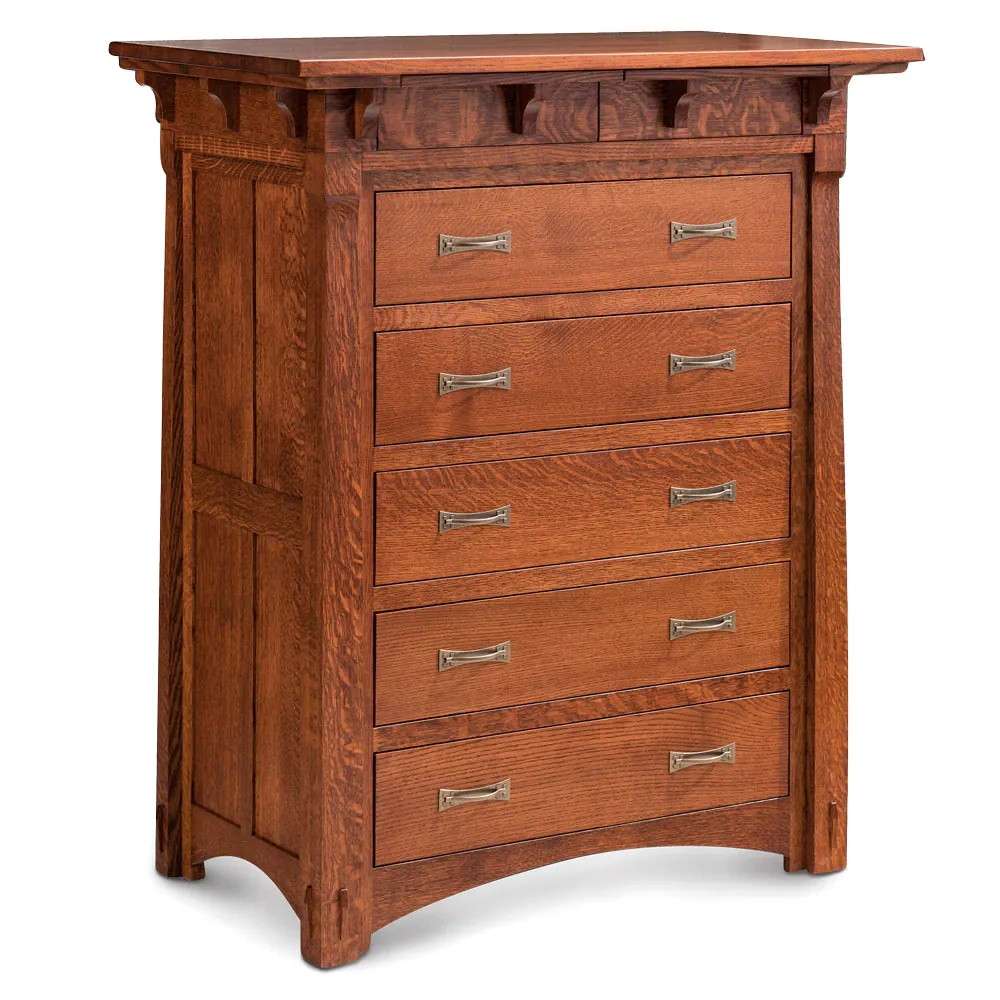 A wooden chest of drawers with brass handles on a white background