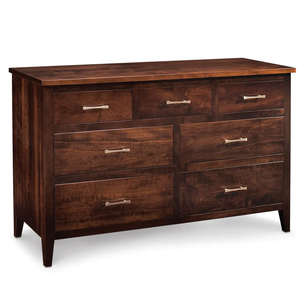A wooden dresser with seven drawers on a white background.