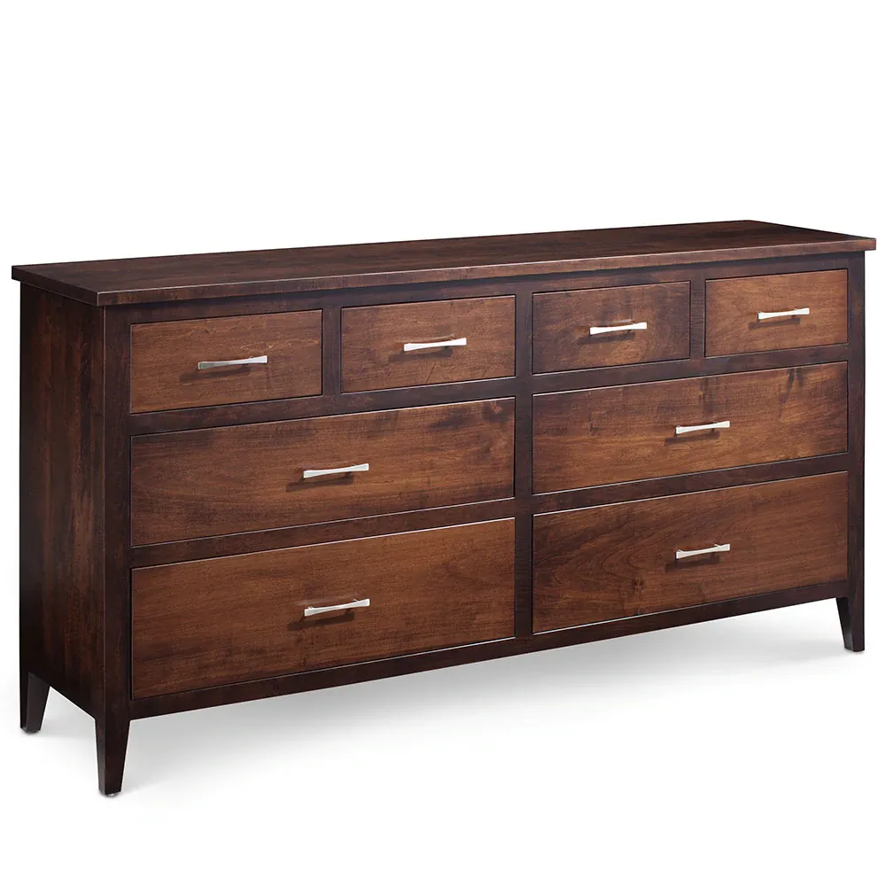 A wooden dresser with nine drawers on a white background.
