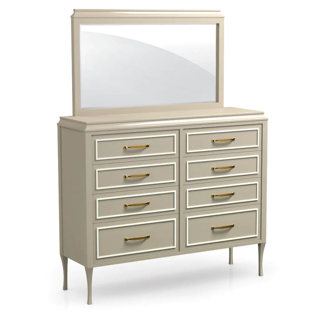 A dresser with drawers and a mirror on top of it.
