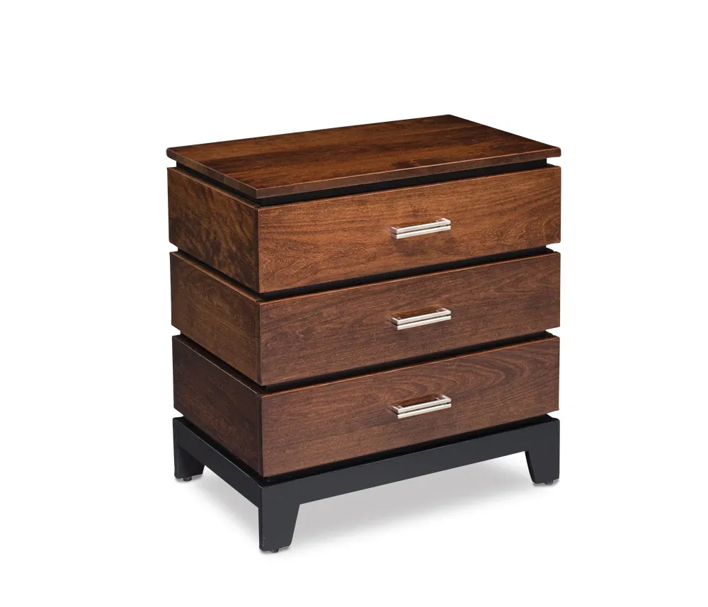 A wooden dresser with three drawers on a white background.