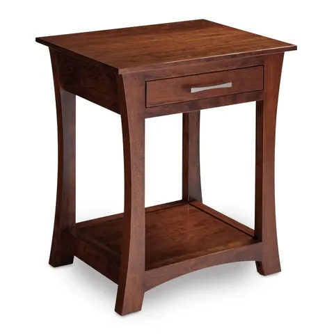 A small wooden table with a drawer and shelf