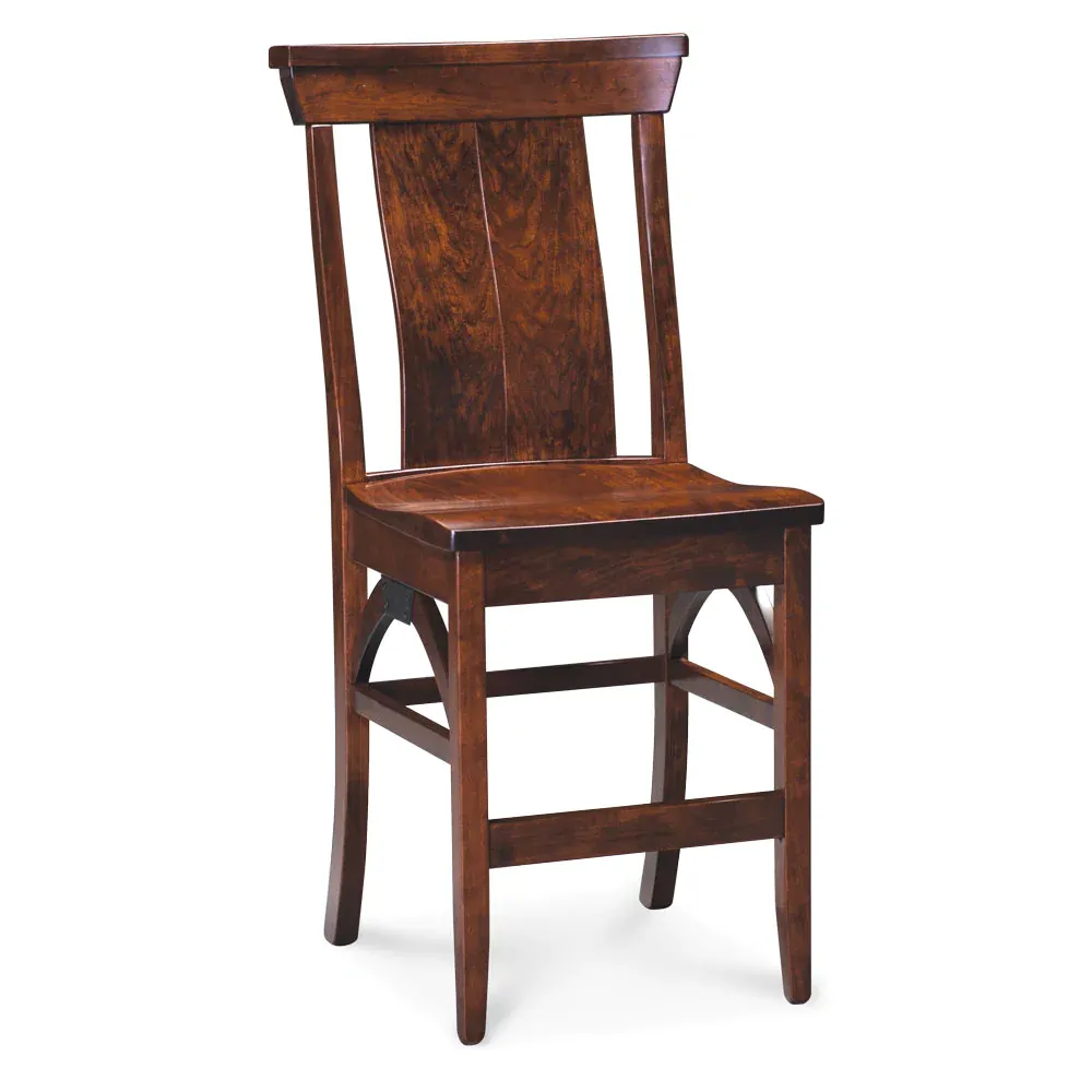 A wooden chair with a striped back on a white background