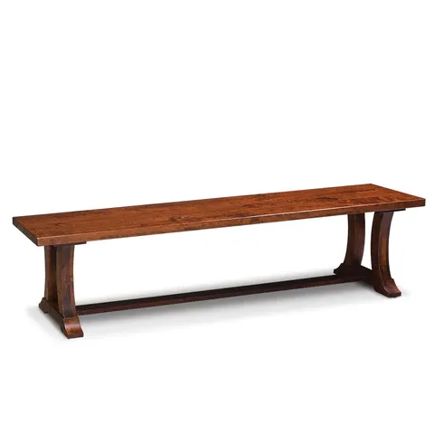 A wooden bench is sitting on a white surface.
