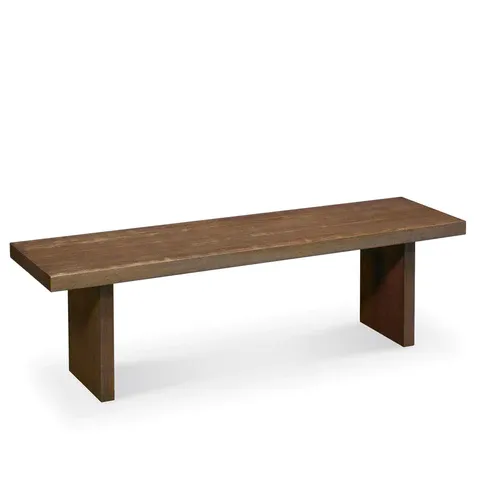 A wooden bench is sitting on a white surface