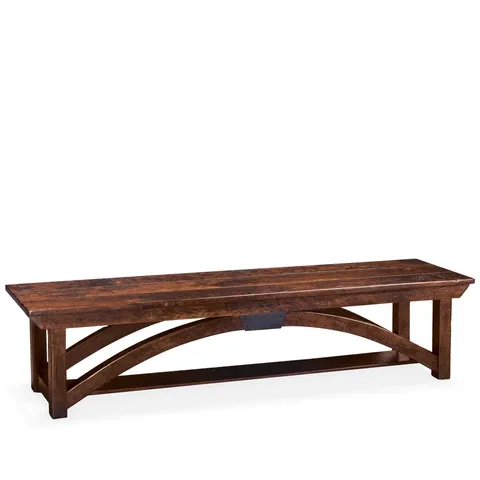 A wooden bench with a metal frame on a white background.