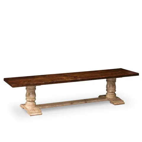 A wooden bench with a wooden base on a white background.