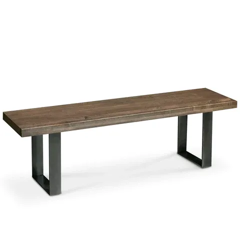 A wooden bench with metal legs on a white background.