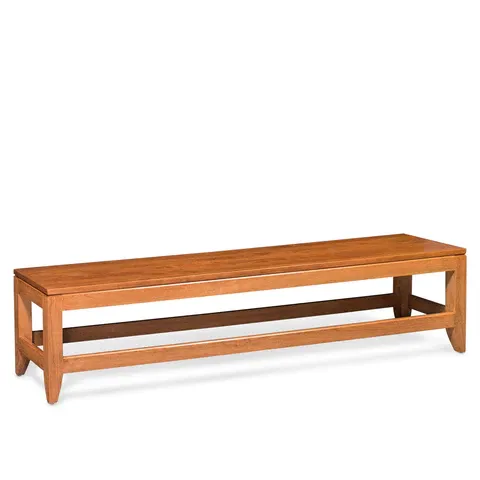 A wooden bench with a wooden frame and a wooden top on a white background.