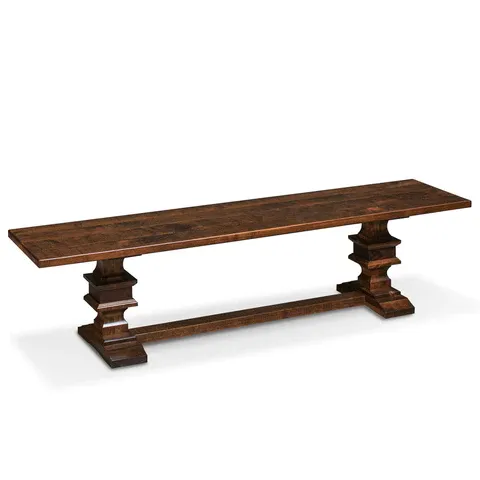 A wooden bench is sitting on a white surface.