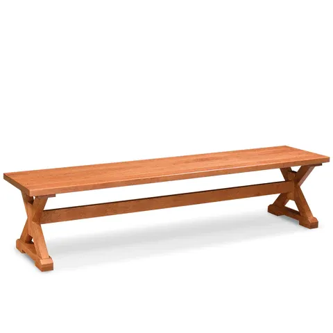 A wooden bench is sitting on a white surface.