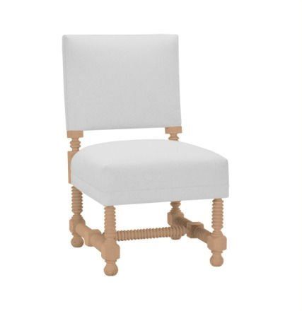 A white chair with wooden legs on a white background