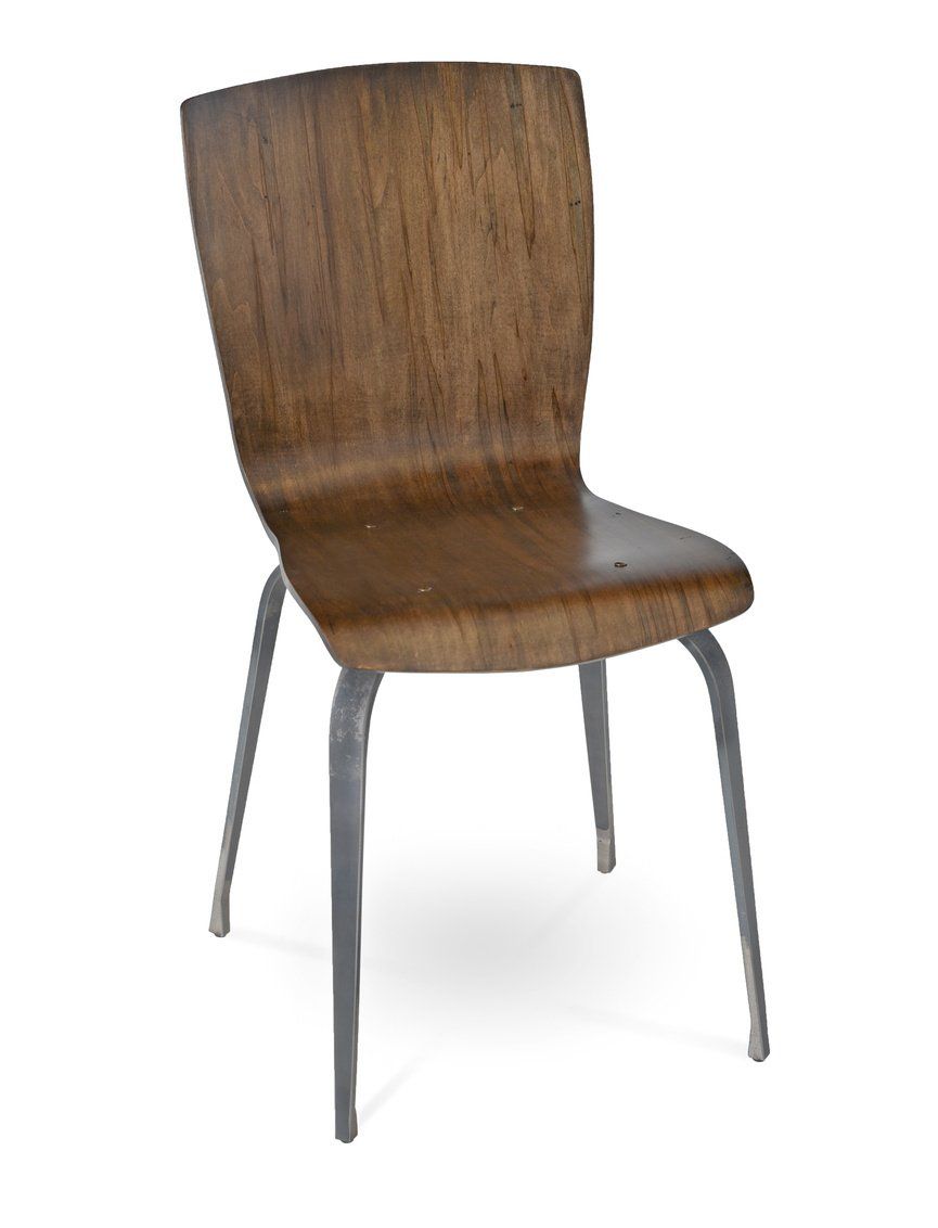A wooden chair with metal legs on a white background.
