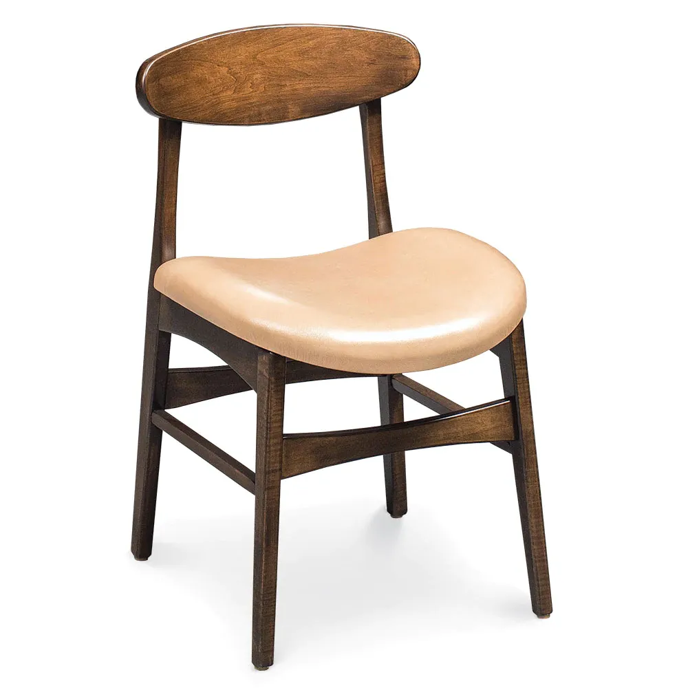 A wooden chair with a tan leather seat on a white background