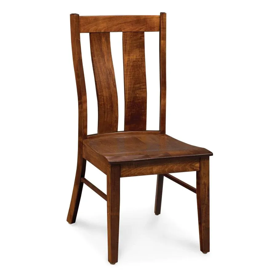 A wooden chair with a curved back on a white background