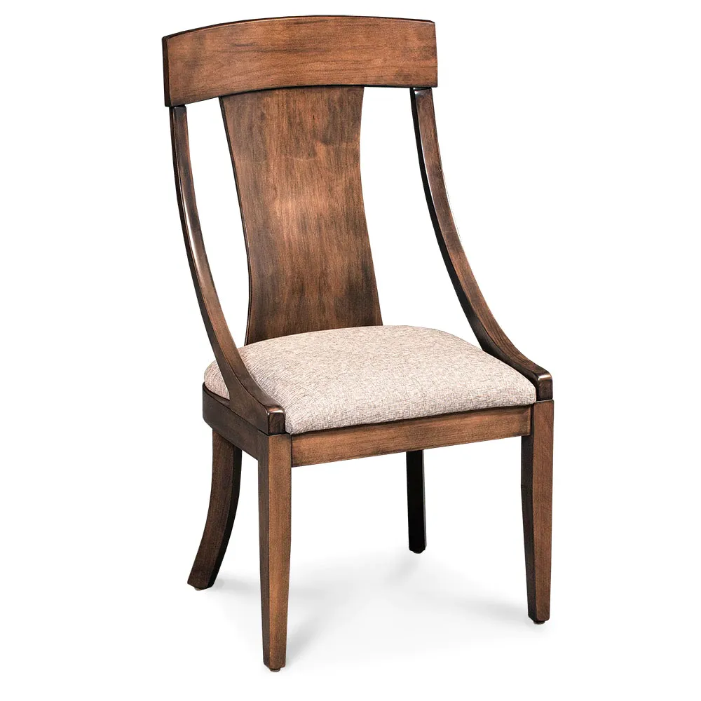 A wooden chair with a beige cushion on a white background