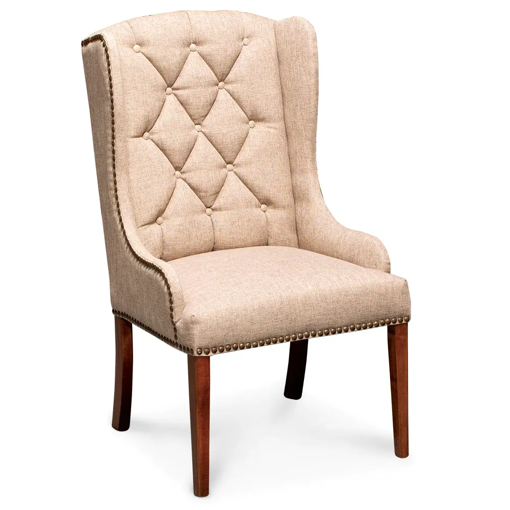 A beige chair with wooden legs on a white background