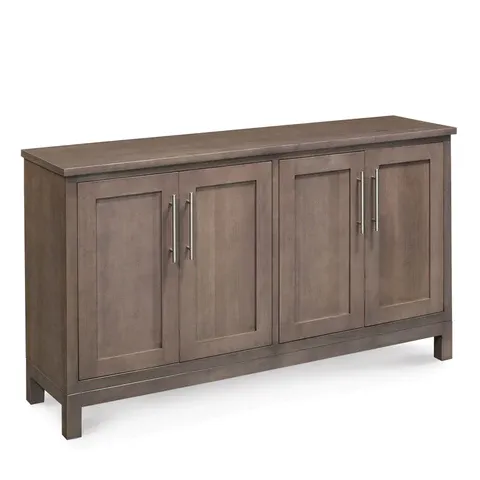 A wooden cabinet with four doors on a white background.