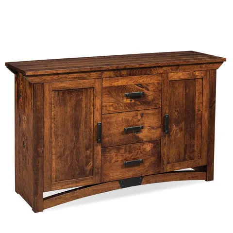 A wooden dresser with drawers and doors on a white background.