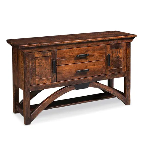 A wooden dresser with two drawers and two doors on a white background.