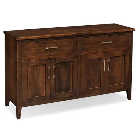 A wooden dresser with drawers and doors on a white background.