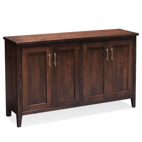 A wooden cabinet with four doors on a white background.