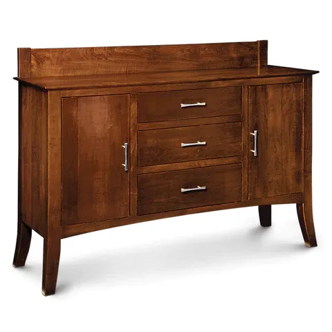 A wooden dresser with three drawers and two doors on a white background.