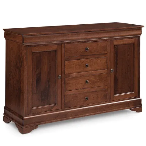 A wooden dresser with drawers and doors on a white background