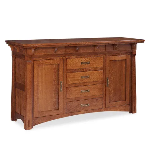 A wooden dresser with drawers and doors on a white background.