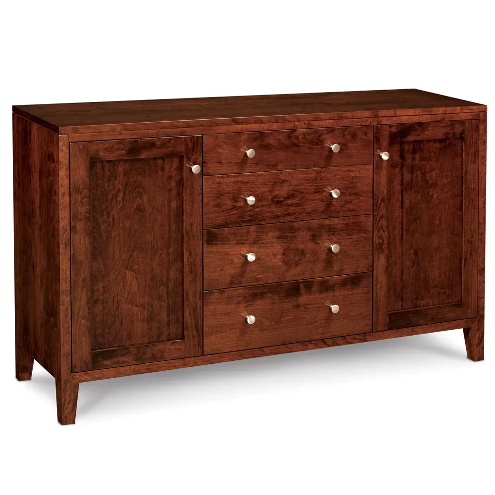 A wooden dresser with drawers and doors on a white background.