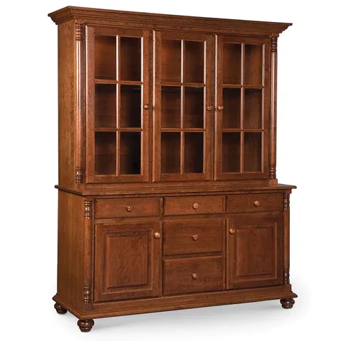 A wooden hutch with glass doors and drawers