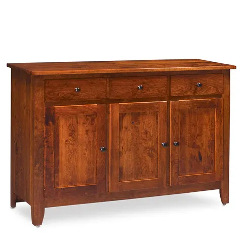 A wooden dresser with drawers and doors on a white background.
