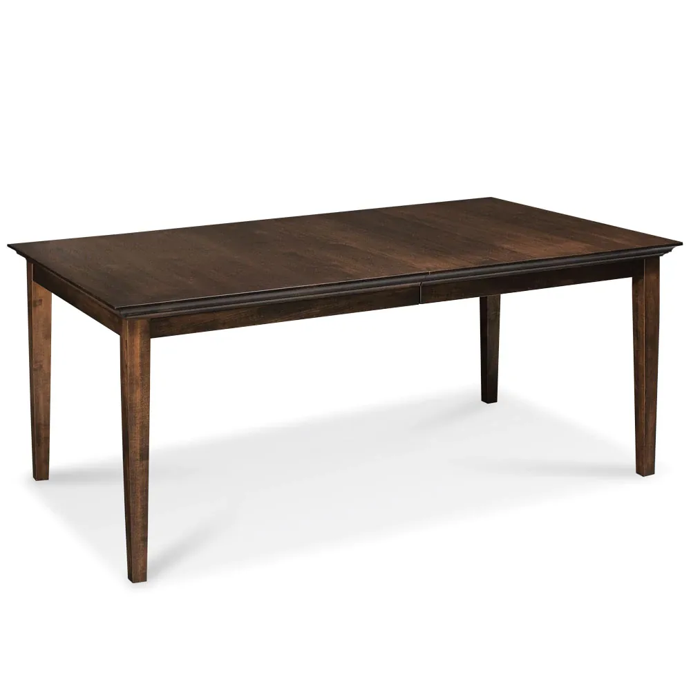 A wooden table with a drawer underneath it on a white background.