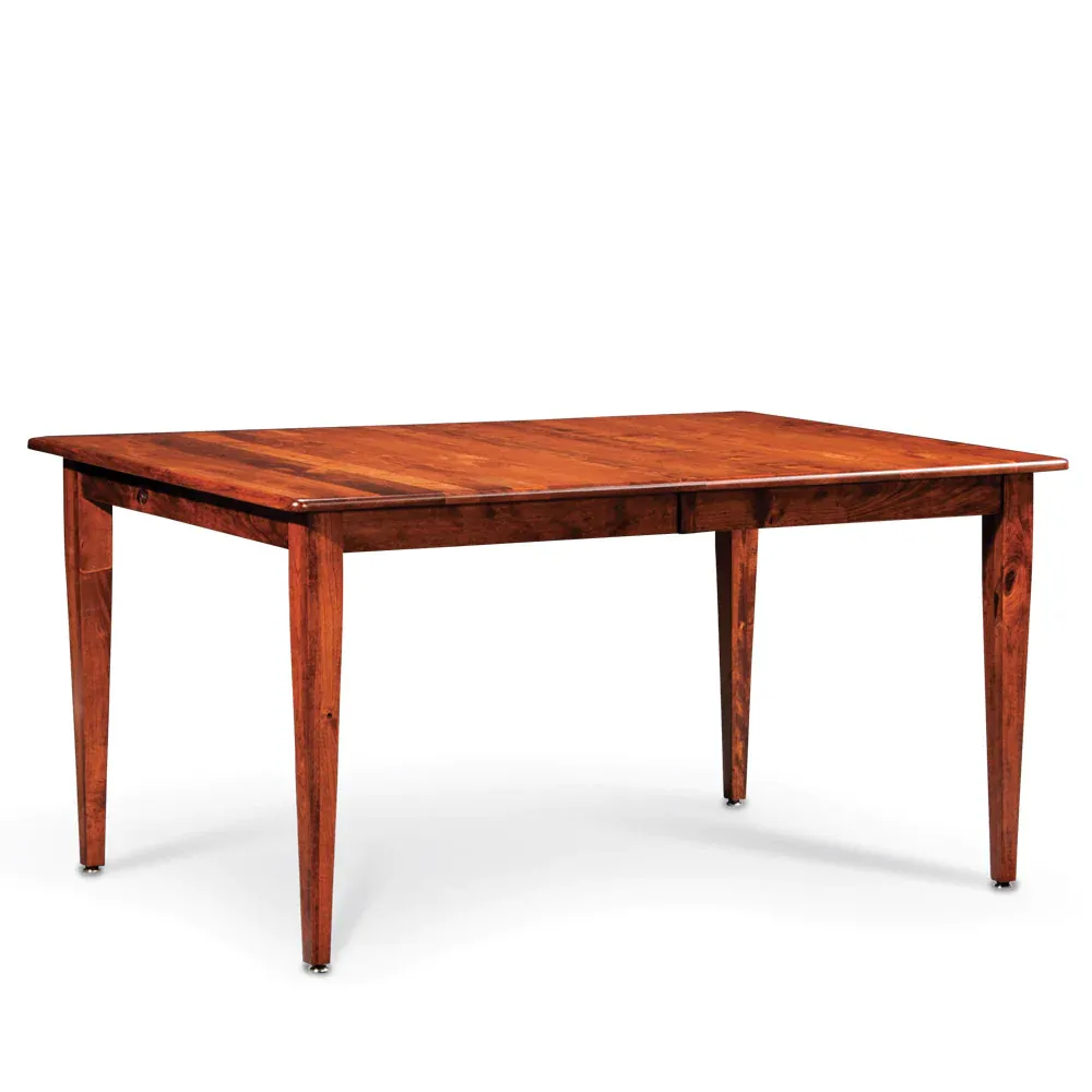A wooden dining table with a white background