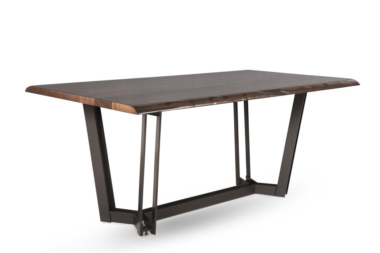 A wooden table with a metal frame on a white background.