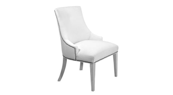 A white chair with a black trim on the arm rests on a white background.