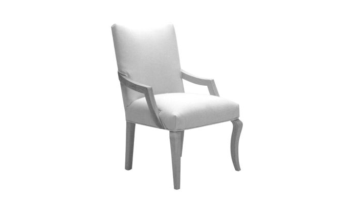 A white chair with a white cushion and wooden legs on a white background.