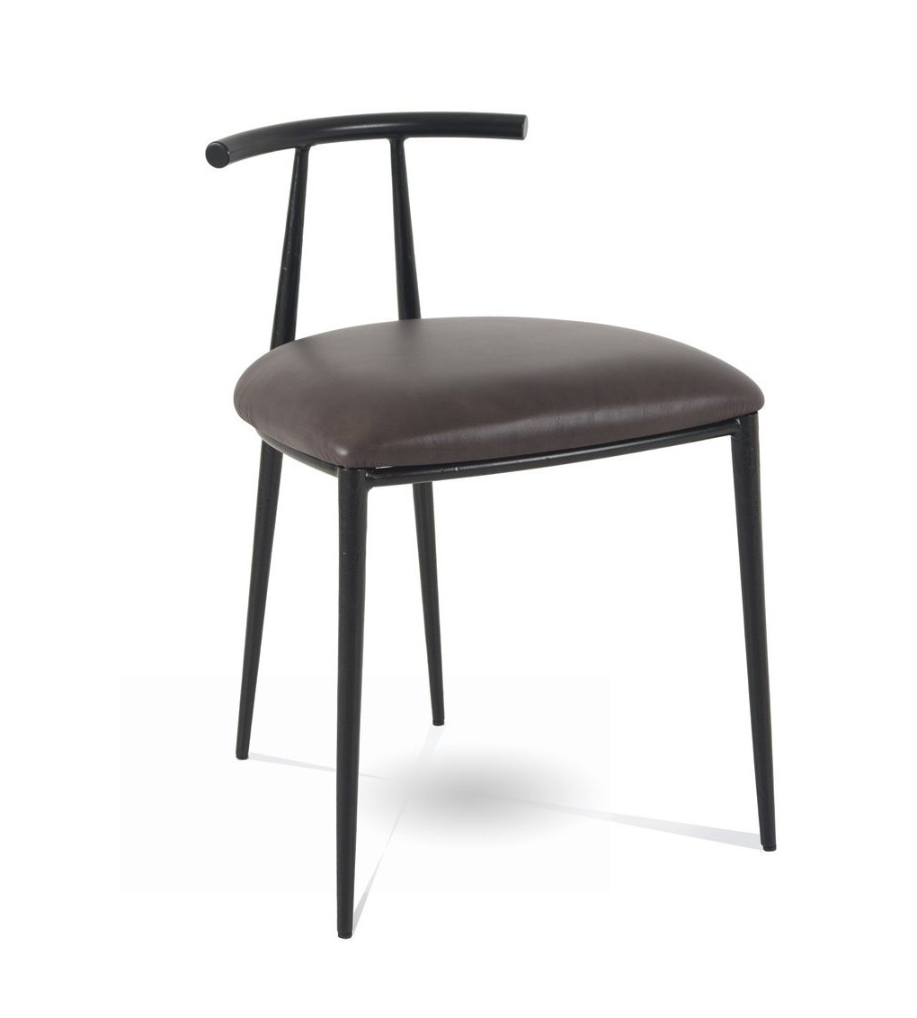 A brown leather chair with a black frame on a white background.