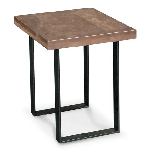 A small table with a wooden top and black metal legs on a white background.