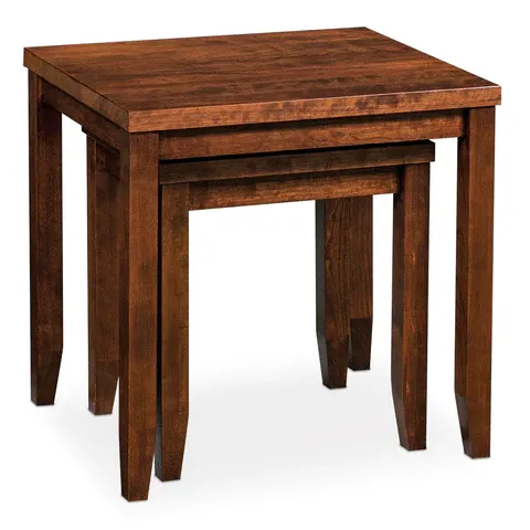 Three wooden tables are stacked on top of each other on a white background