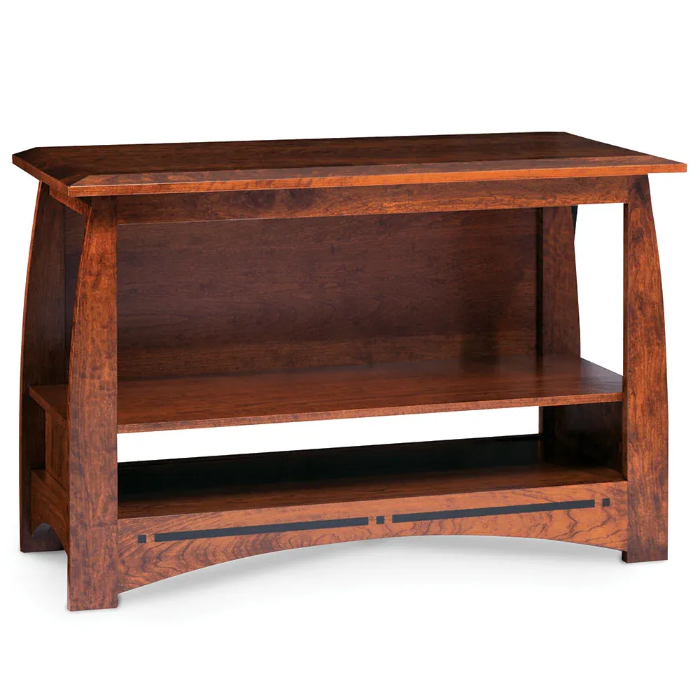 A wooden table with a shelf underneath it