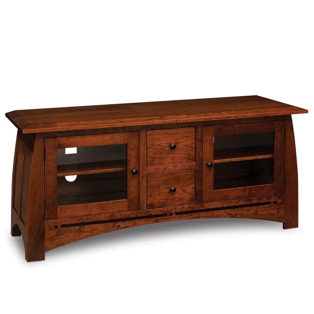 A wooden entertainment center with glass doors and drawers