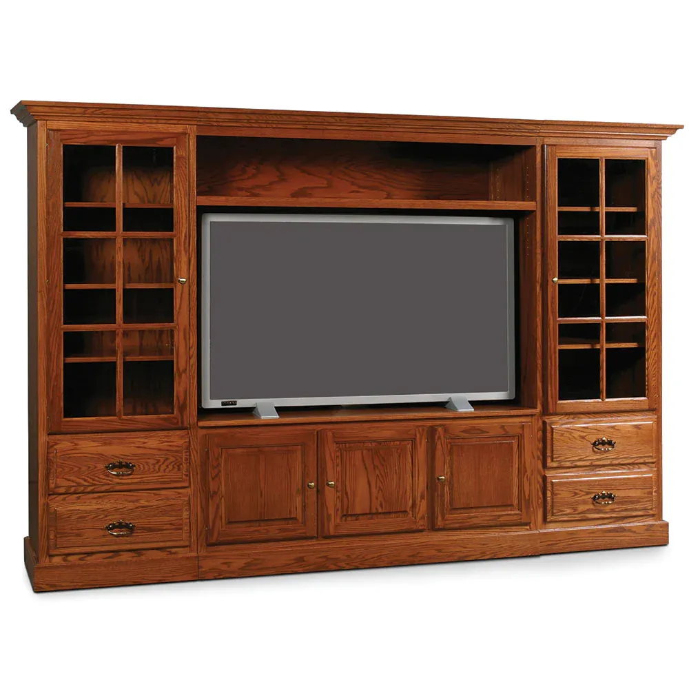 A large wooden entertainment center with a flat screen tv