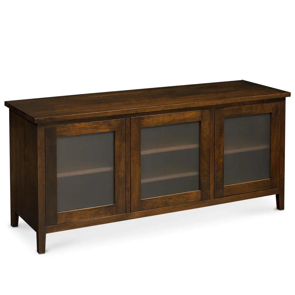 A wooden entertainment center with glass doors on a white background.