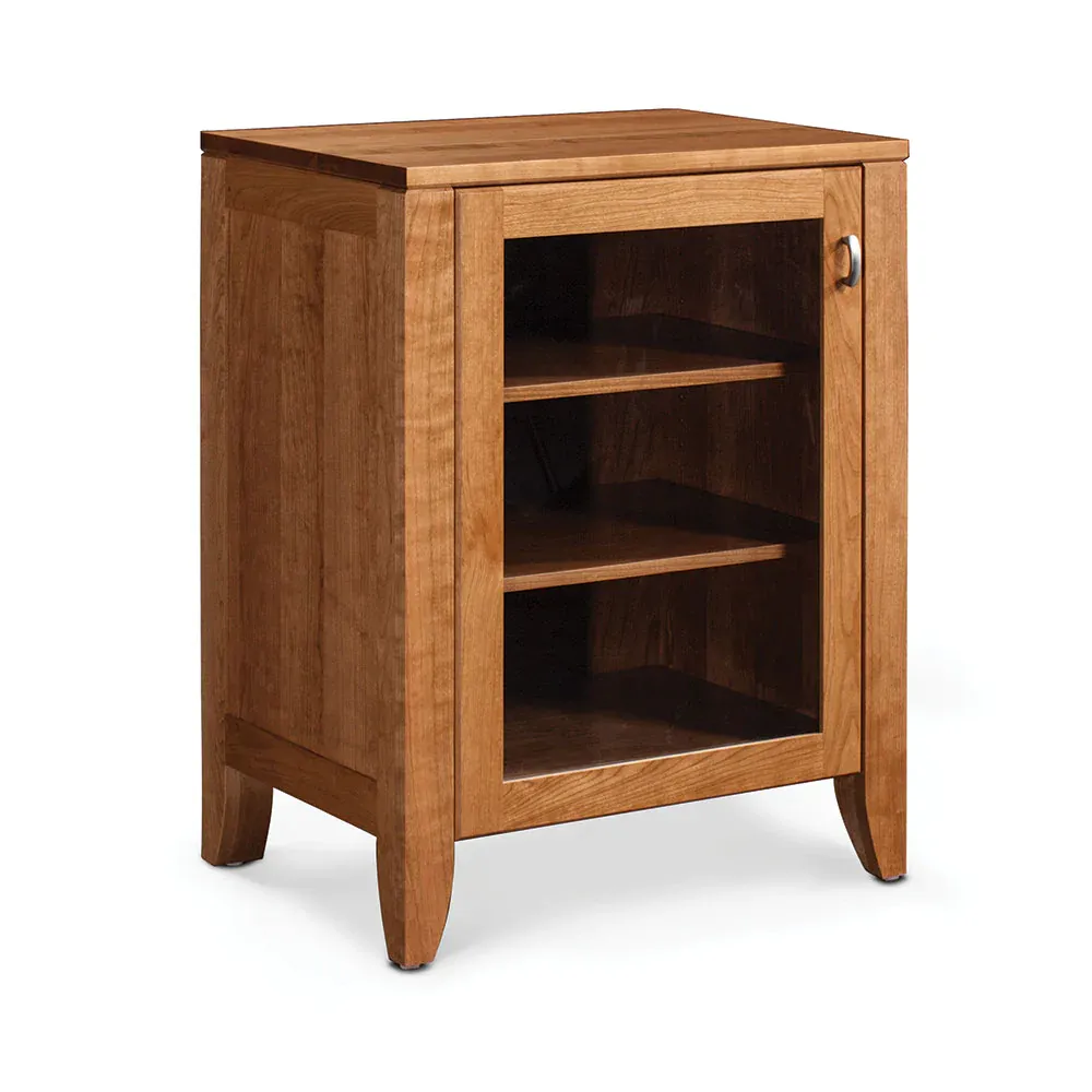 A small wooden cabinet with three shelves and a glass door.
