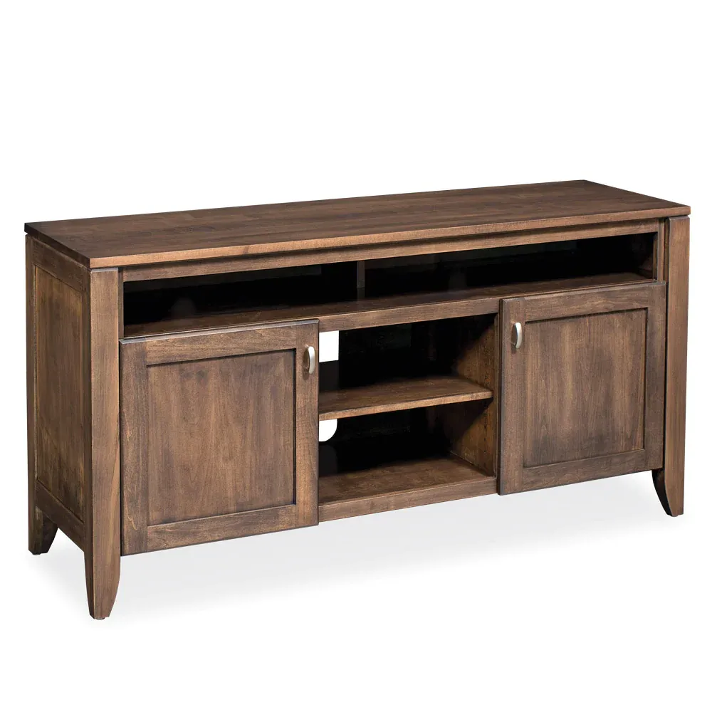 A wooden entertainment center with two doors and shelves on a white background.
