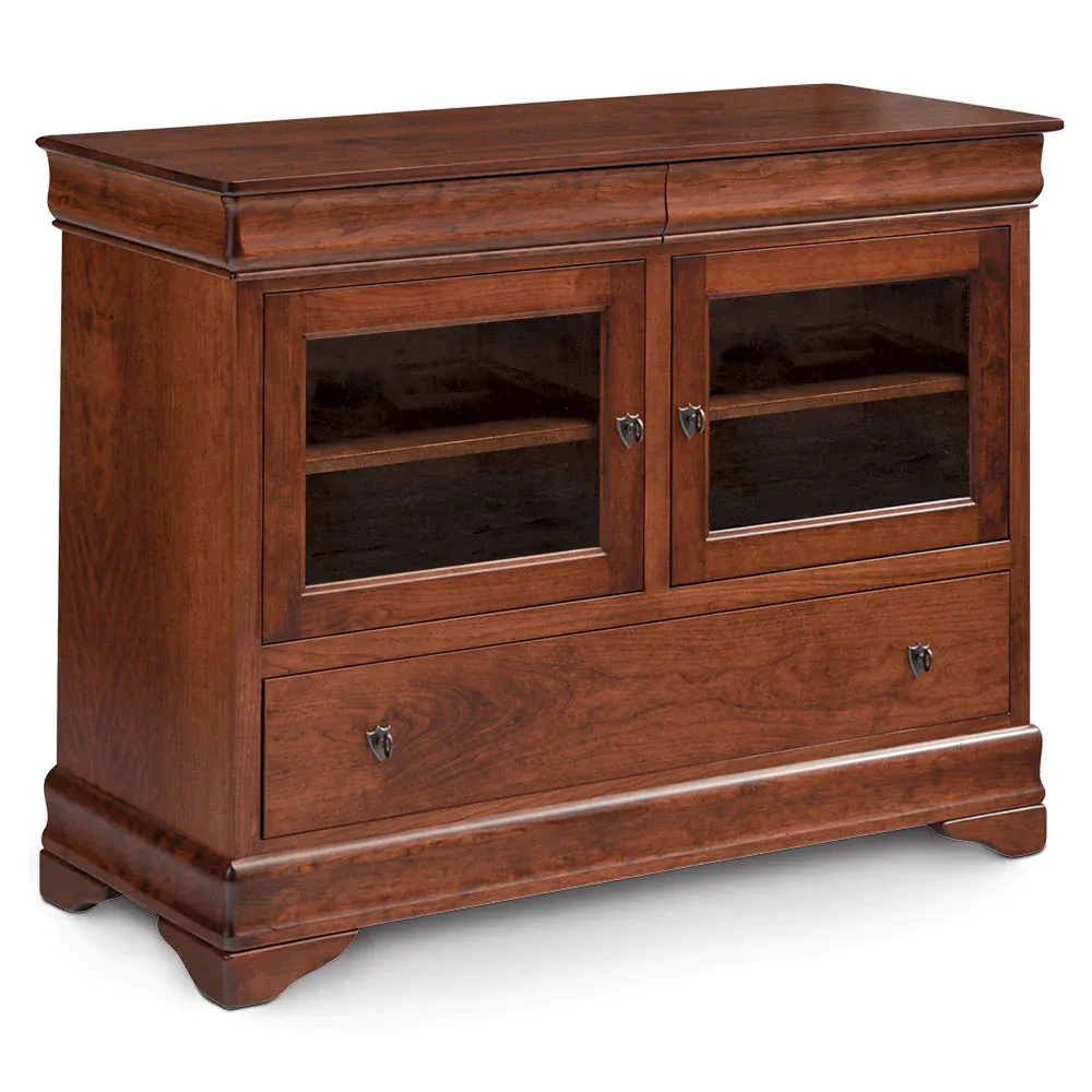 A wooden cabinet with glass doors and drawers