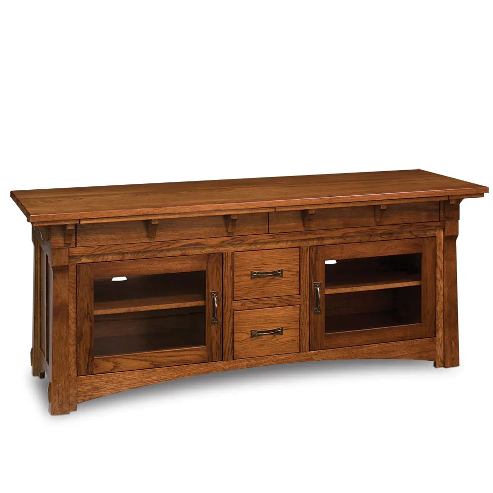 A wooden entertainment center with drawers and glass doors