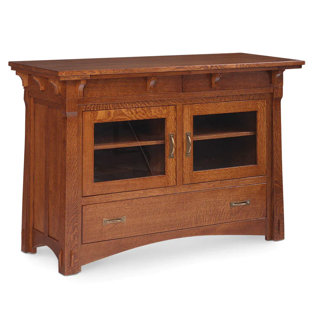 A wooden cabinet with drawers and glass doors