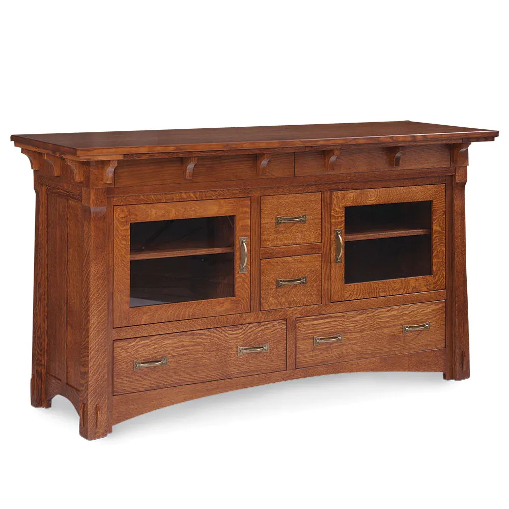 A wooden cabinet with drawers and glass doors on a white background